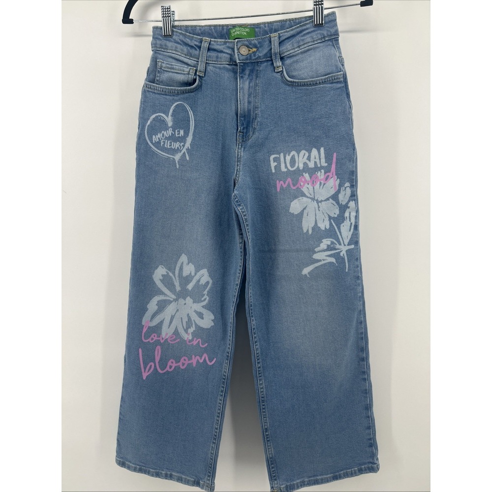 United Colors of Benetton Girls Size XL Floral Print Wide Leg Denim Jeans